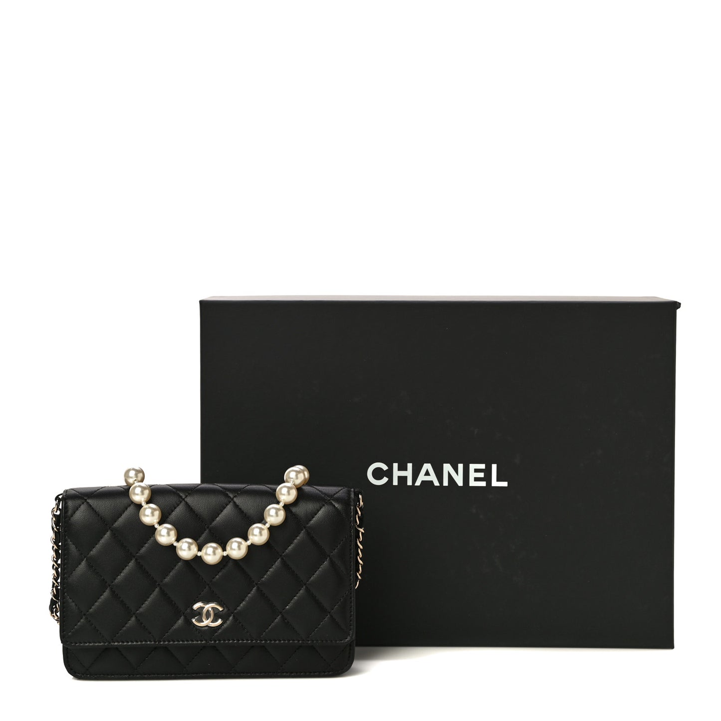Lambskin Quilted Pearl Wallet On Chain WOC Black
