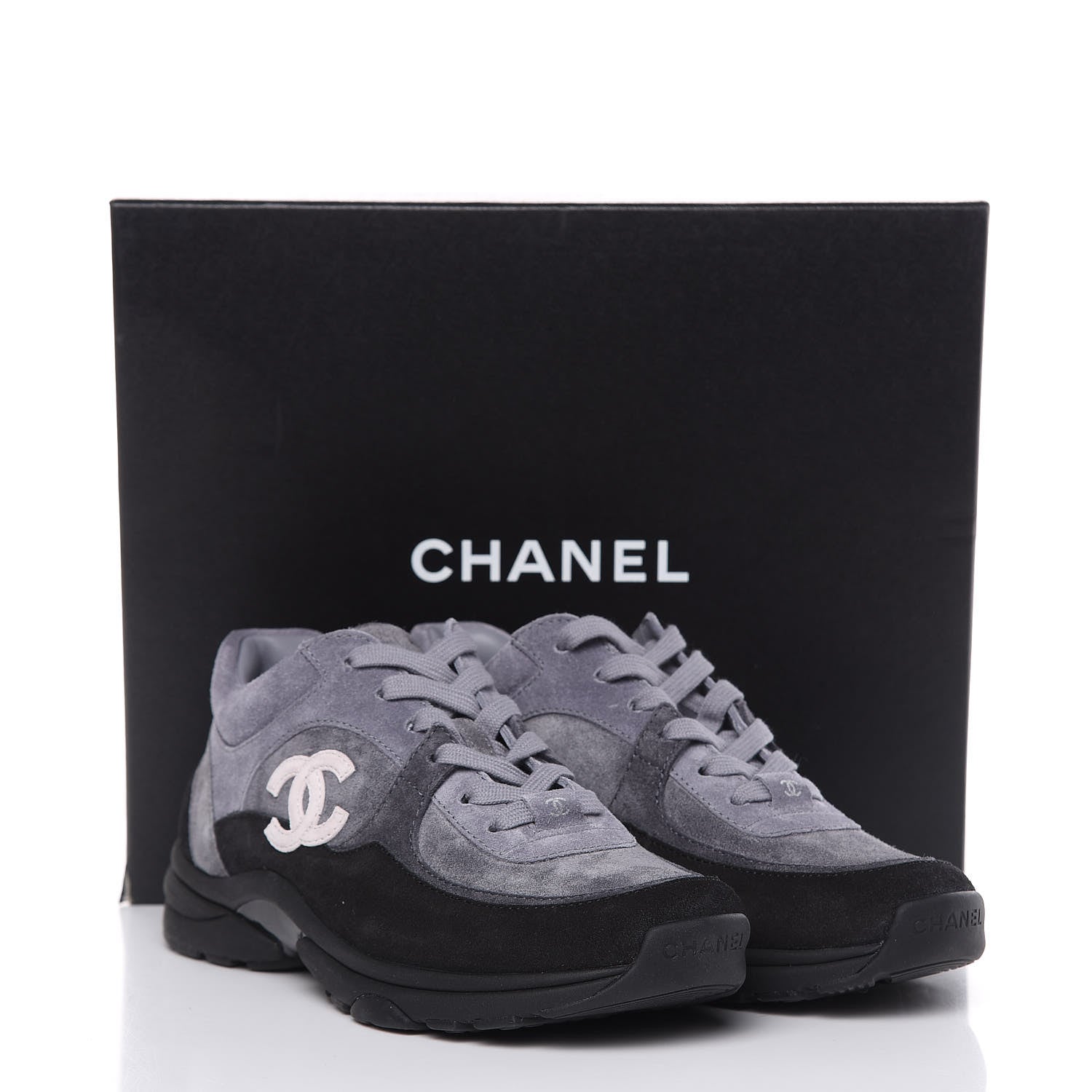 Chanel Suede Calfskin Womens CC Sneakers 37 Black Grey 9 of 9