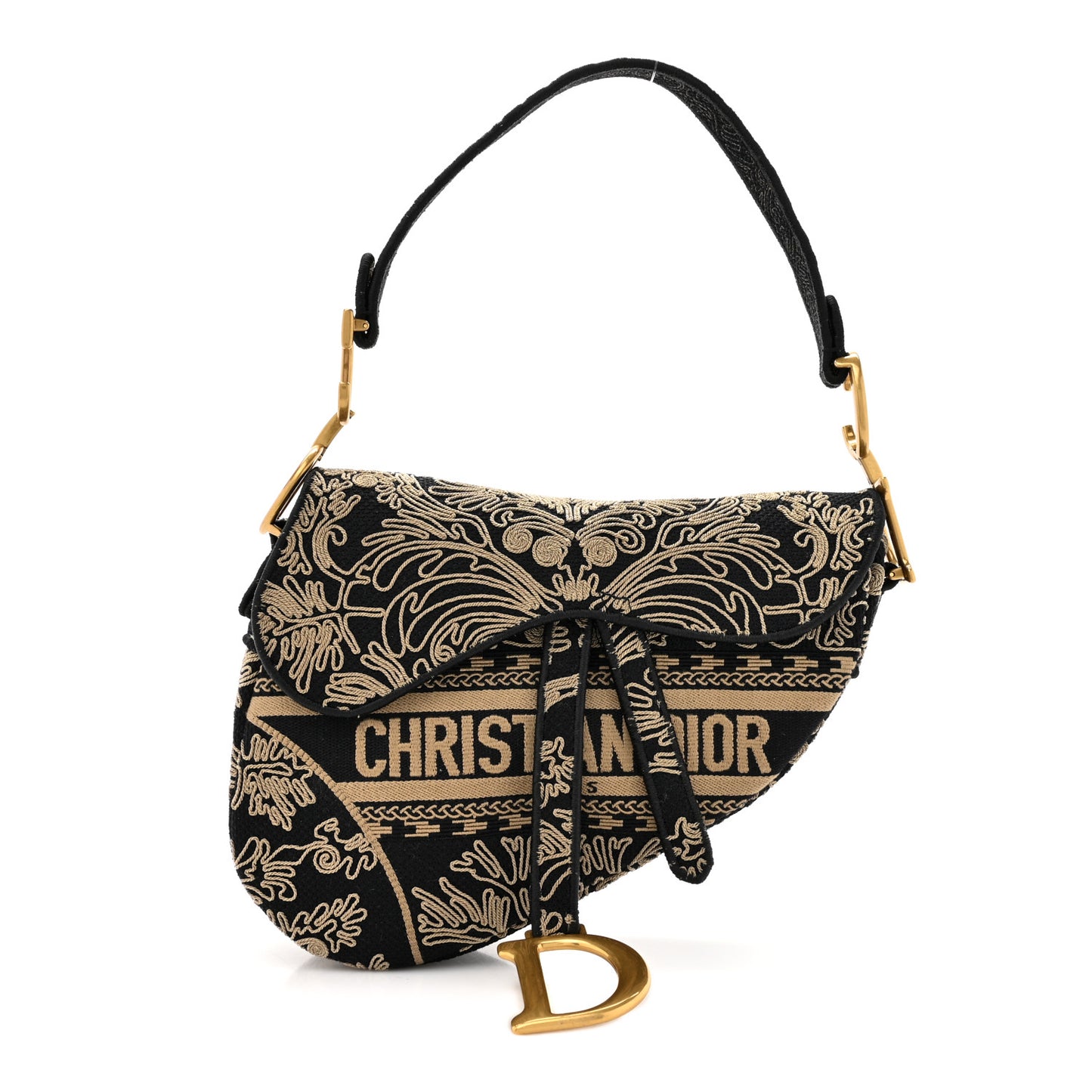 Canvas Embroidered Ornamental Cornely Saddle Bag Black Beige