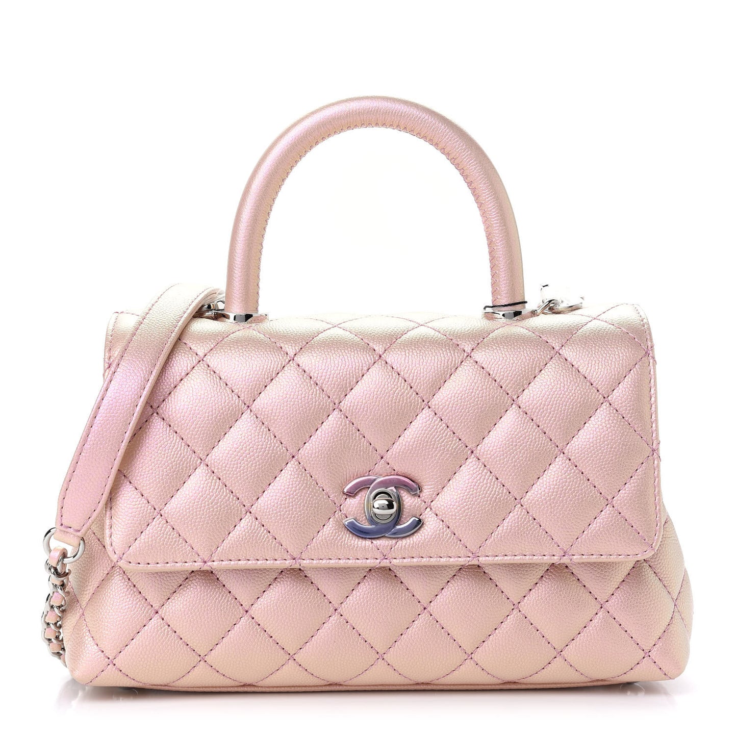Iridescent Caviar Quilted Mini Coco Handle Flap Pink