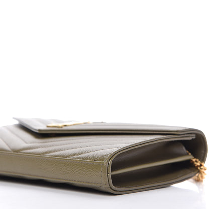 Saint Laurent Grain De Poudre Matelasse Chevron Monogram Chain Wallet Vert Kaki 7 of 9