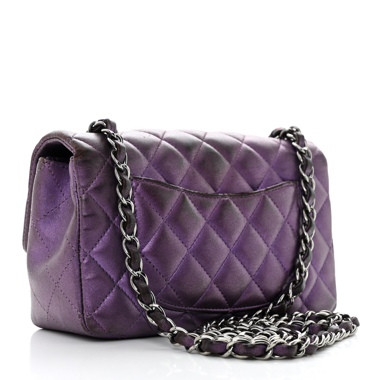 Iridescent Lambskin Quilted Mini Rectangular Flap Dark Purple