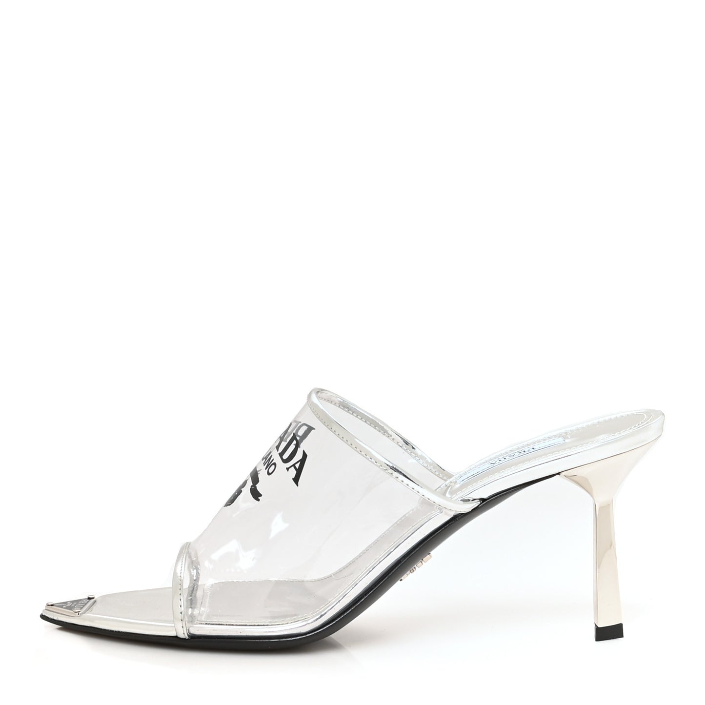 Plexiglass Metallic Calfskin Metal Triangle Logo 75mm Slide Sandals 40 Argento