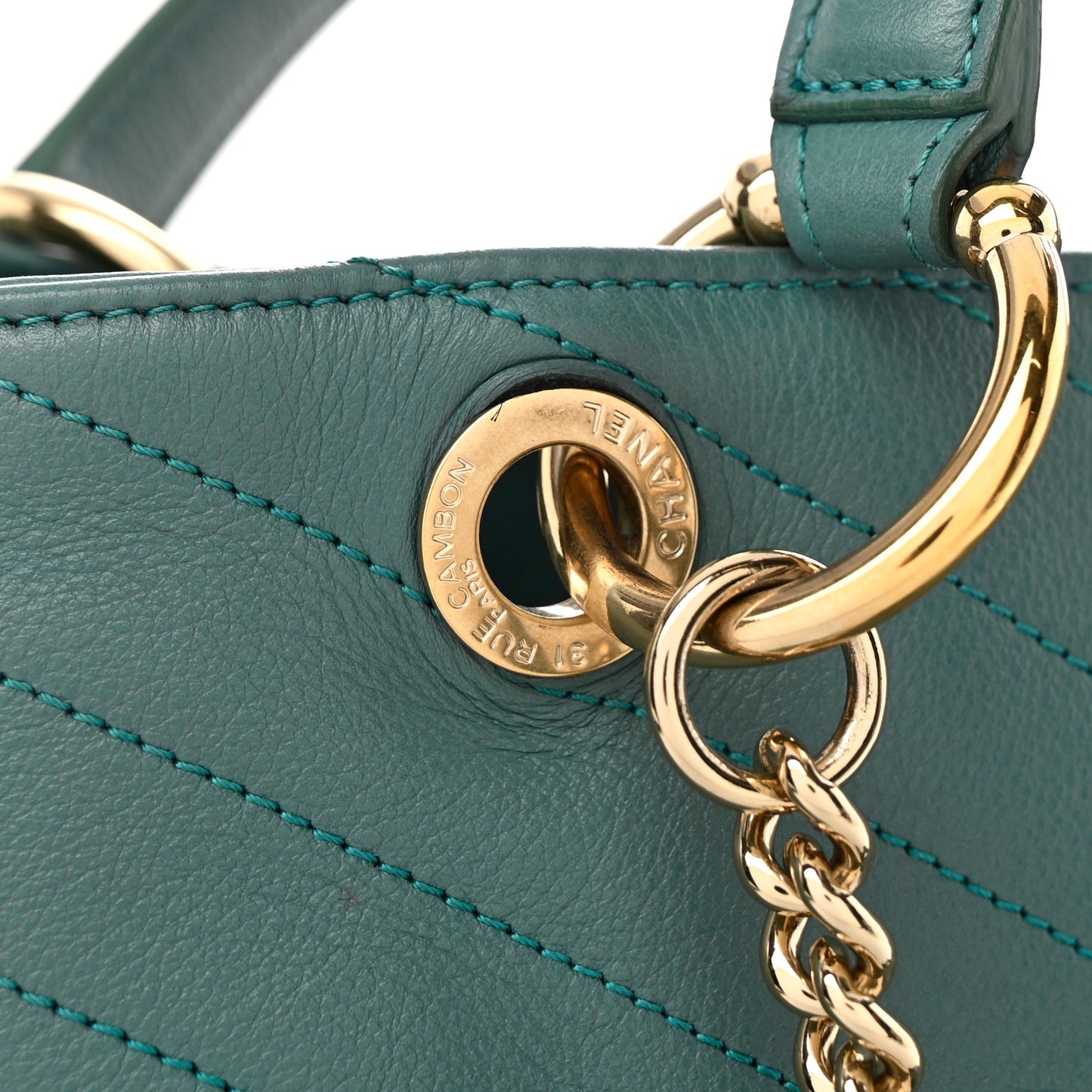 Calfskin Stitched Large Chevron Chic Shopping Bag Blue