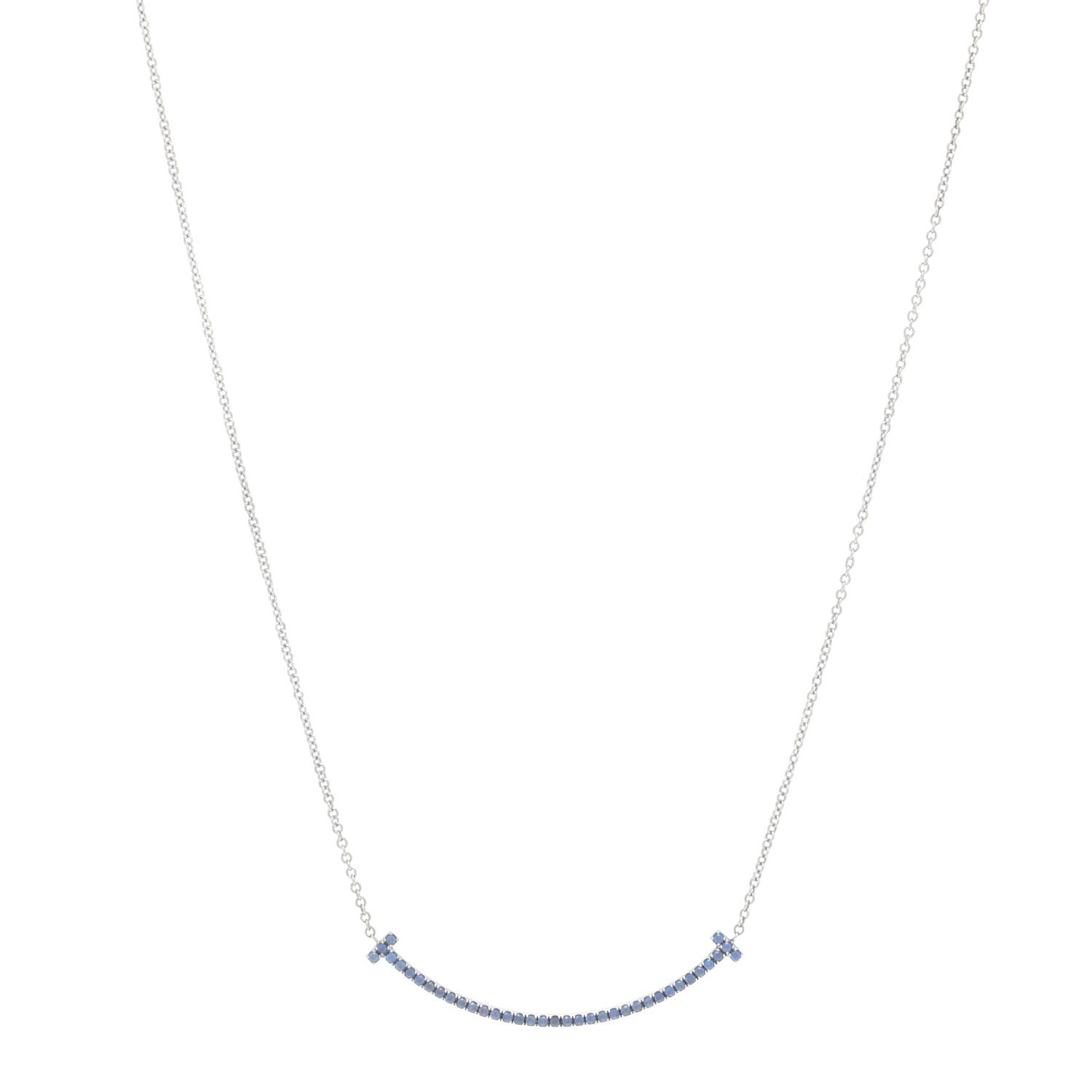 Tiffany 18K White Gold Blue Sapphire Small T Smile Pendant Necklace 1 of 7