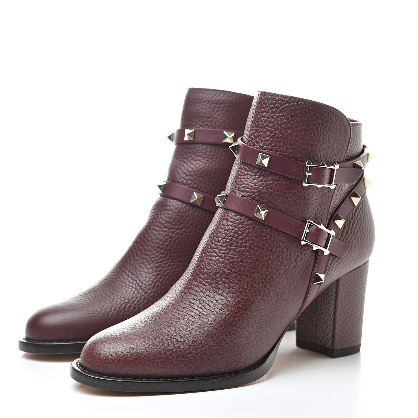 Pebbled Calfskin Rockstud Double Buckle 70mm Block Heel Ankle Boots 37 Rubin