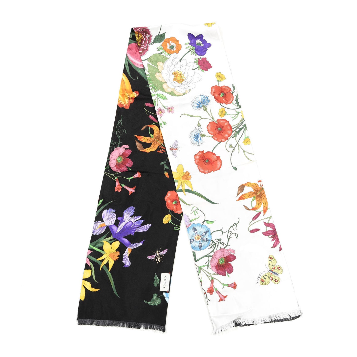 Silk Flora Fringe Scarf White Black