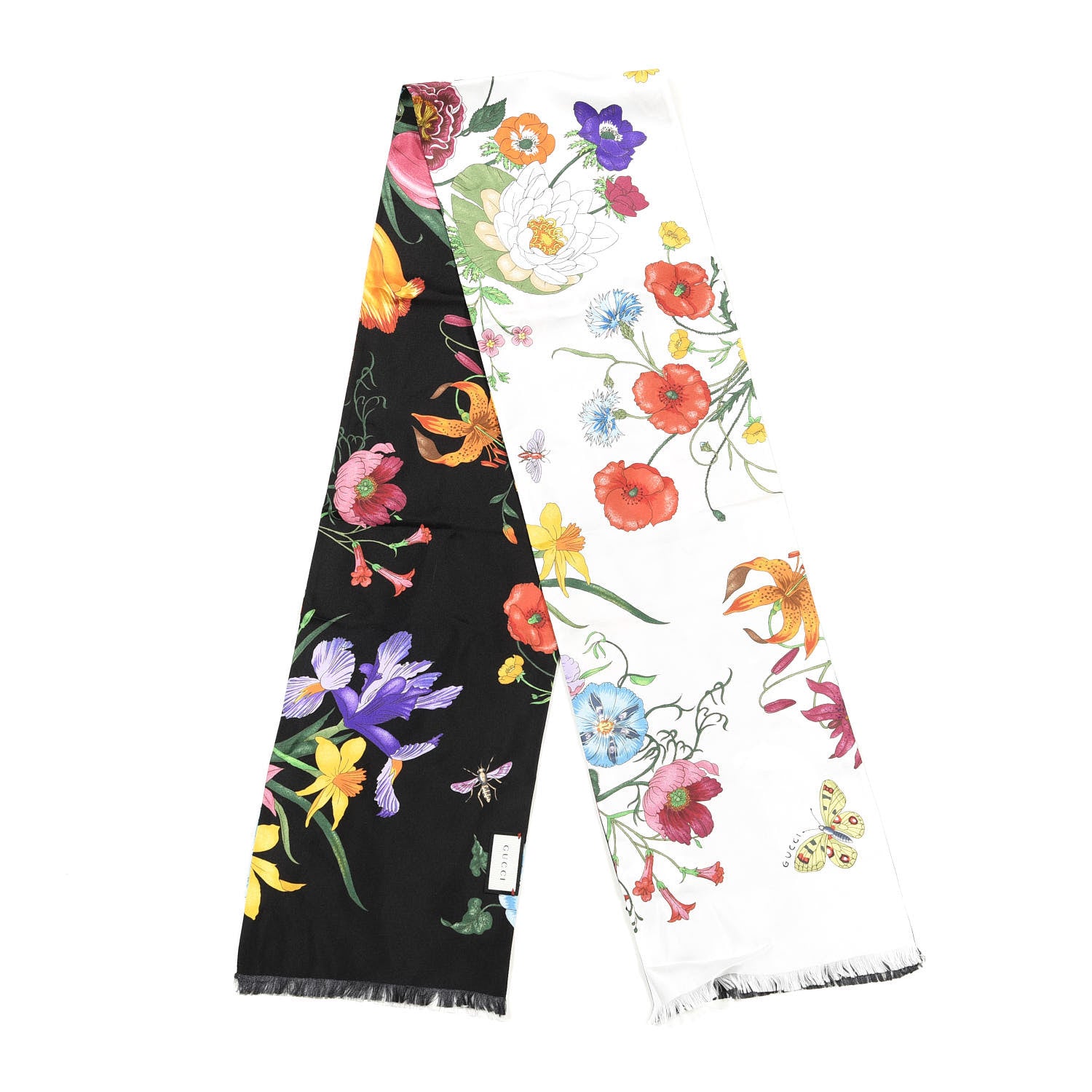 Gucci Silk Flora Fringe Scarf White Black 2 of 5