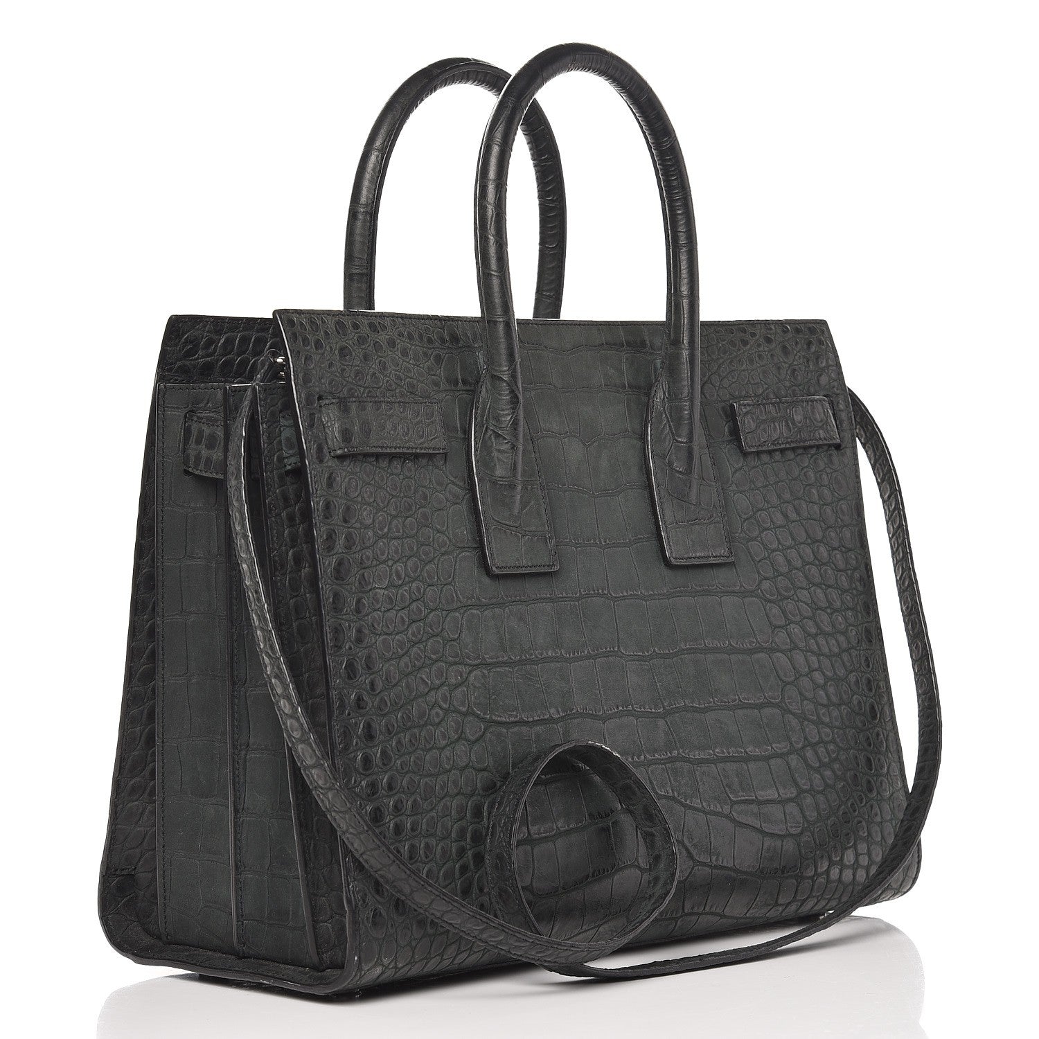 Saint Laurent Calfskin Crocodile Embossed Small Sac de Jour Dusty Black 4 of 14