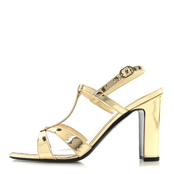 Chanel Laminated Calfskin Block Heel Sandals 39 Gold 1855835