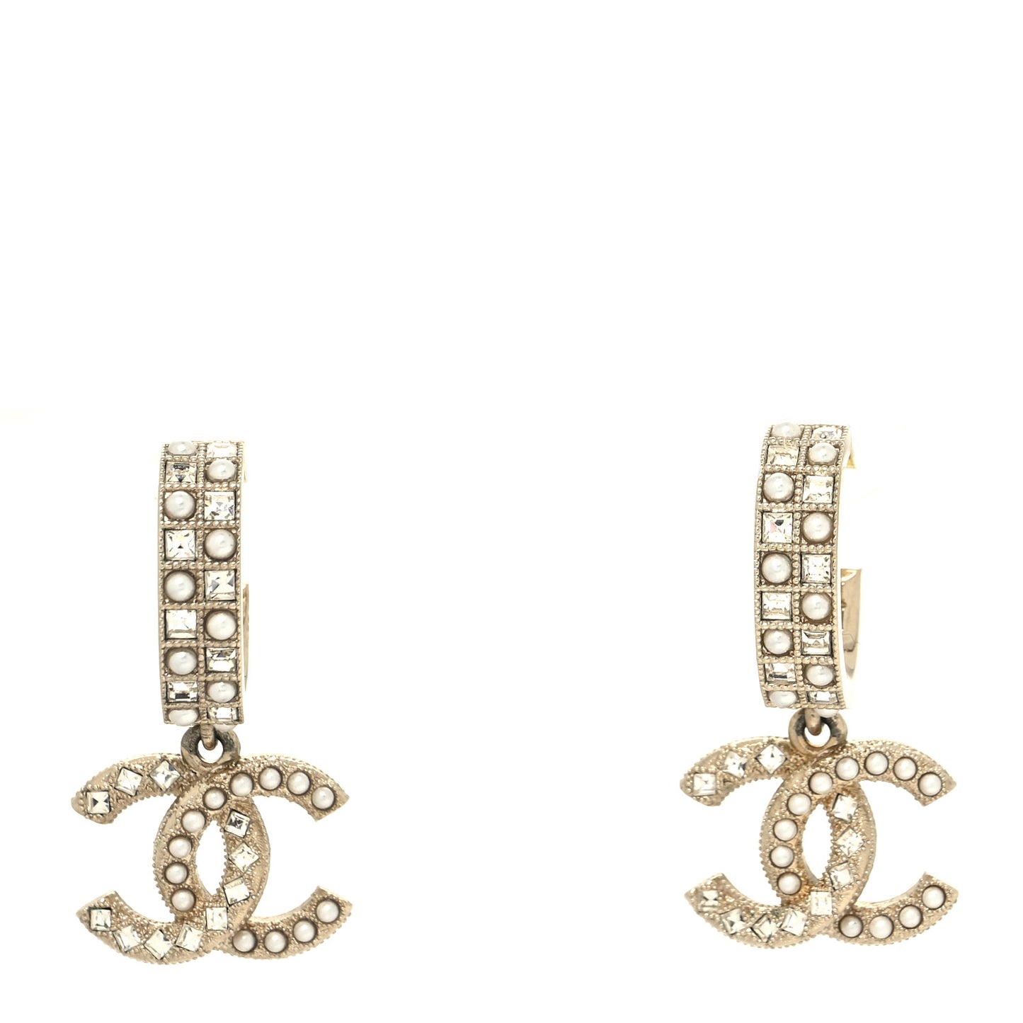 Crystal Pearl CC Hoop Drop Earrings Gold