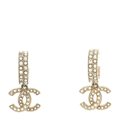 Chanel Crystal Pearl CC Hoop Drop Earrings Gold 1 of 4