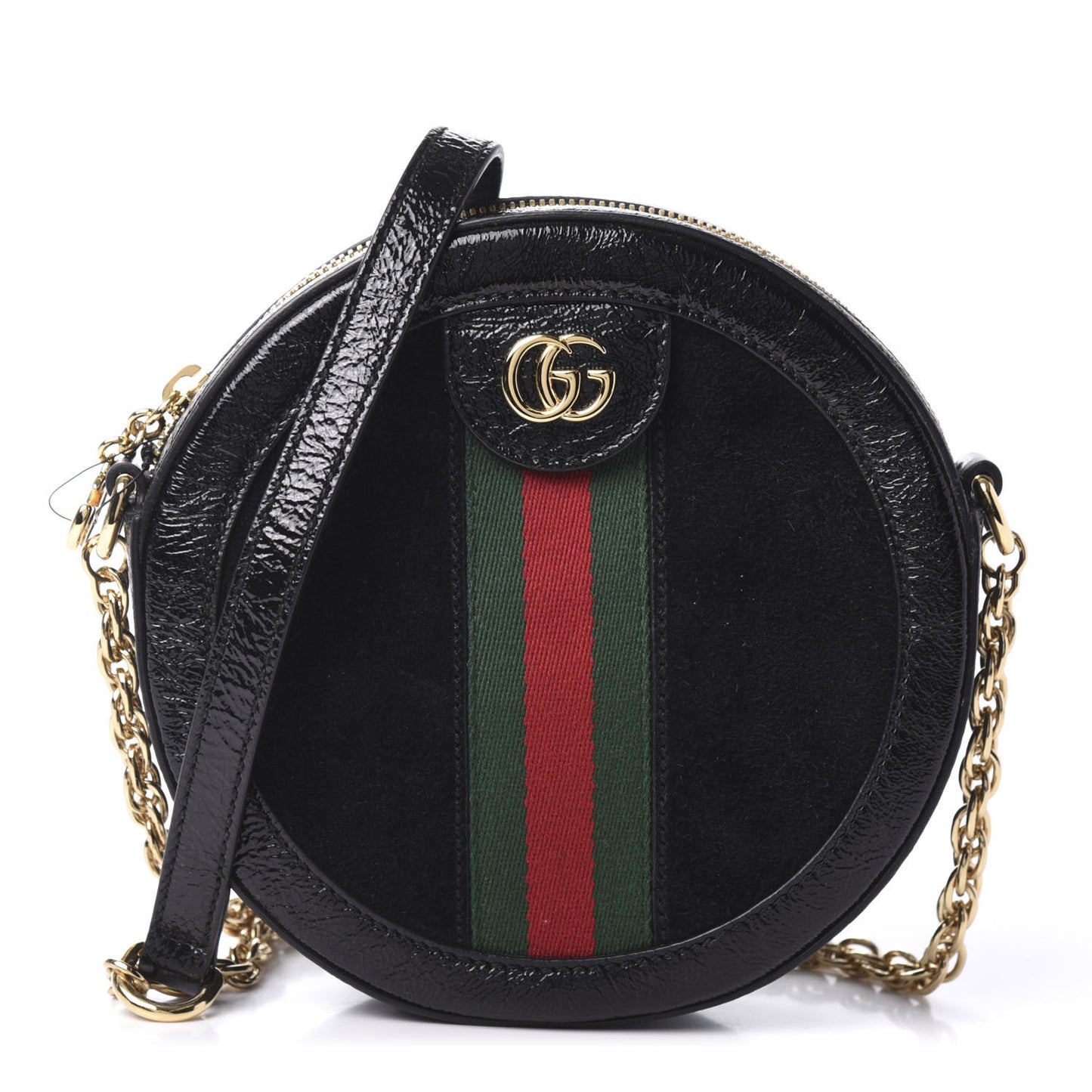 Suede Patent Web Mini Ophidia Round Shoulder Bag Black