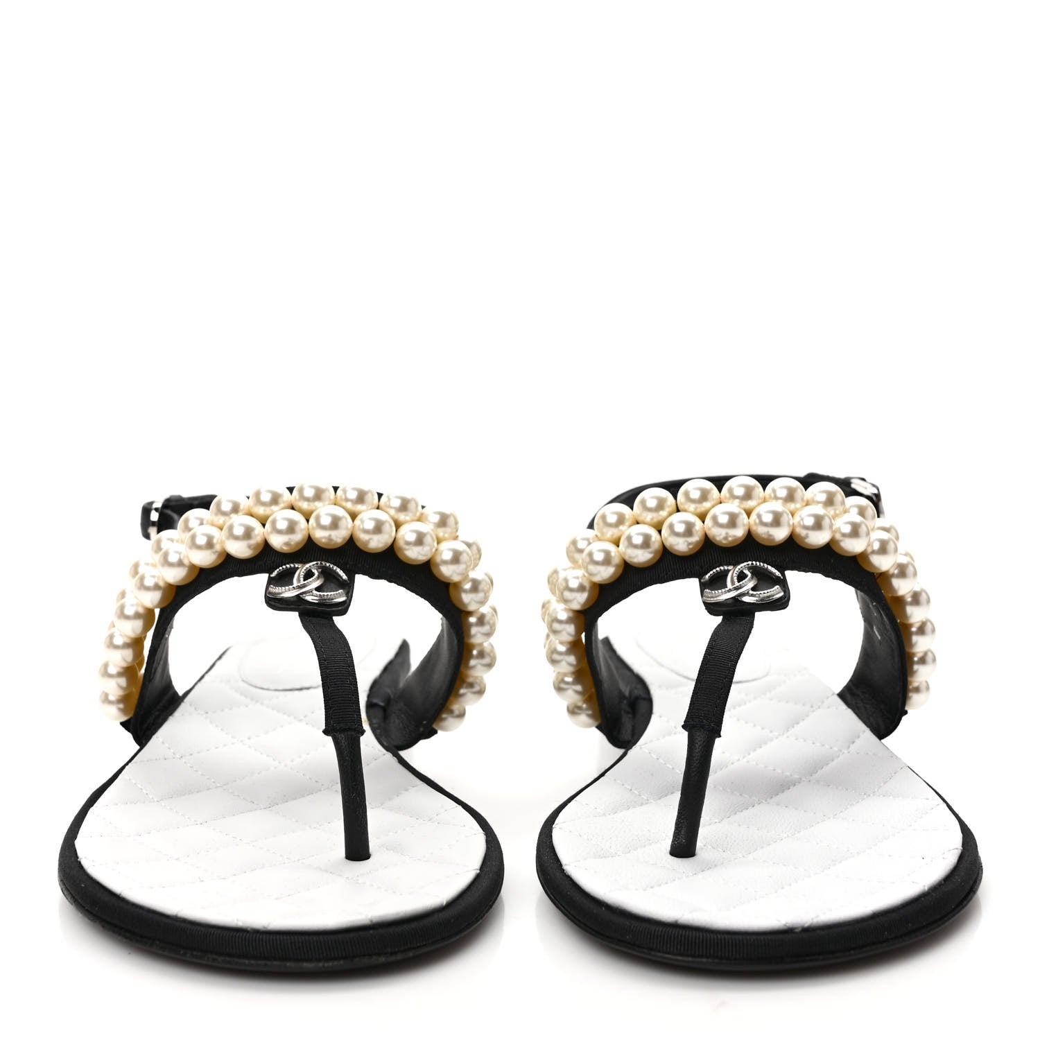 Chanel Grosgrain Pearl CC Sandals 36.5 Black 2 of 9
