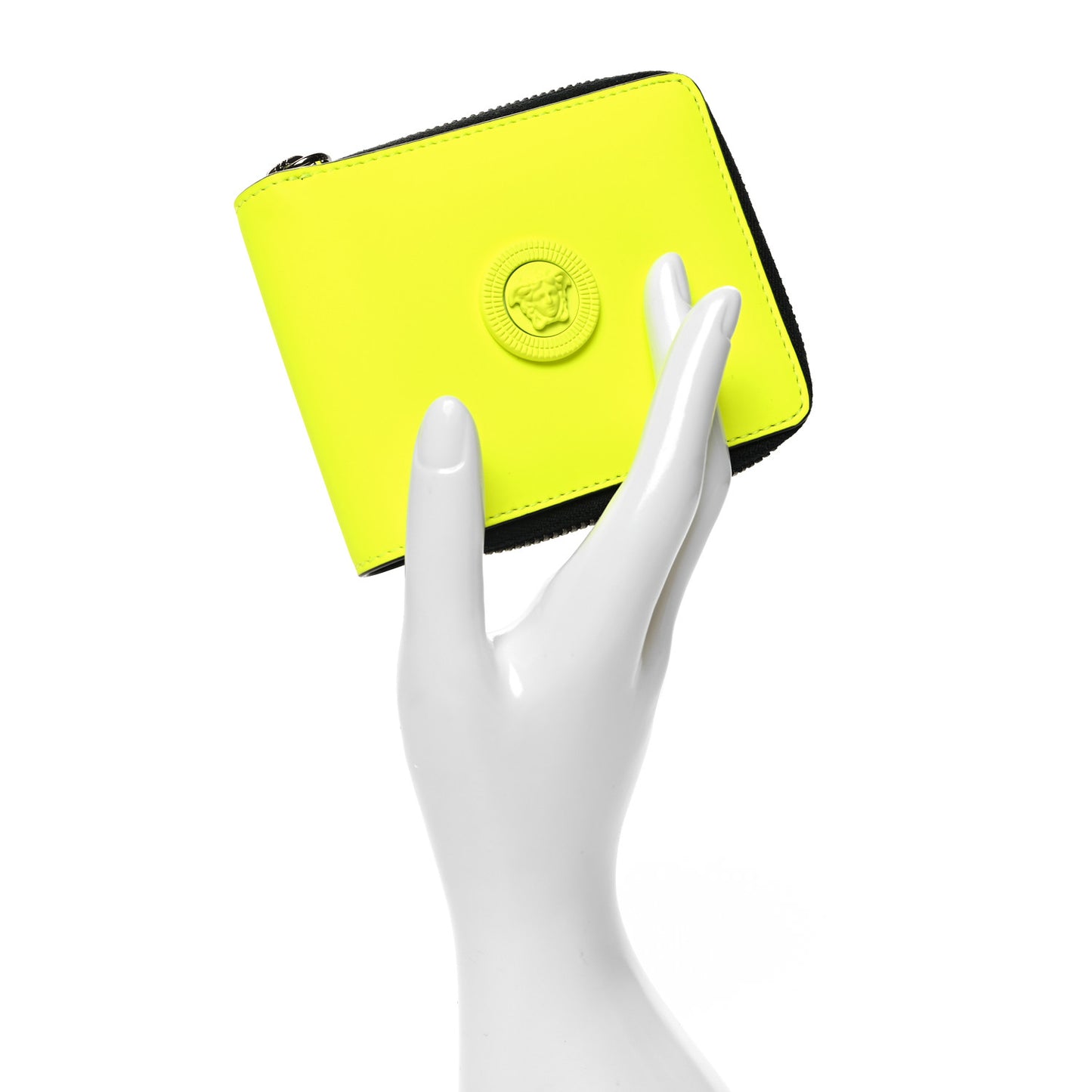 Calfskin Rubber Medusa Biggie Bifold Compact Zip Around Wallet Fluorescent Yellow