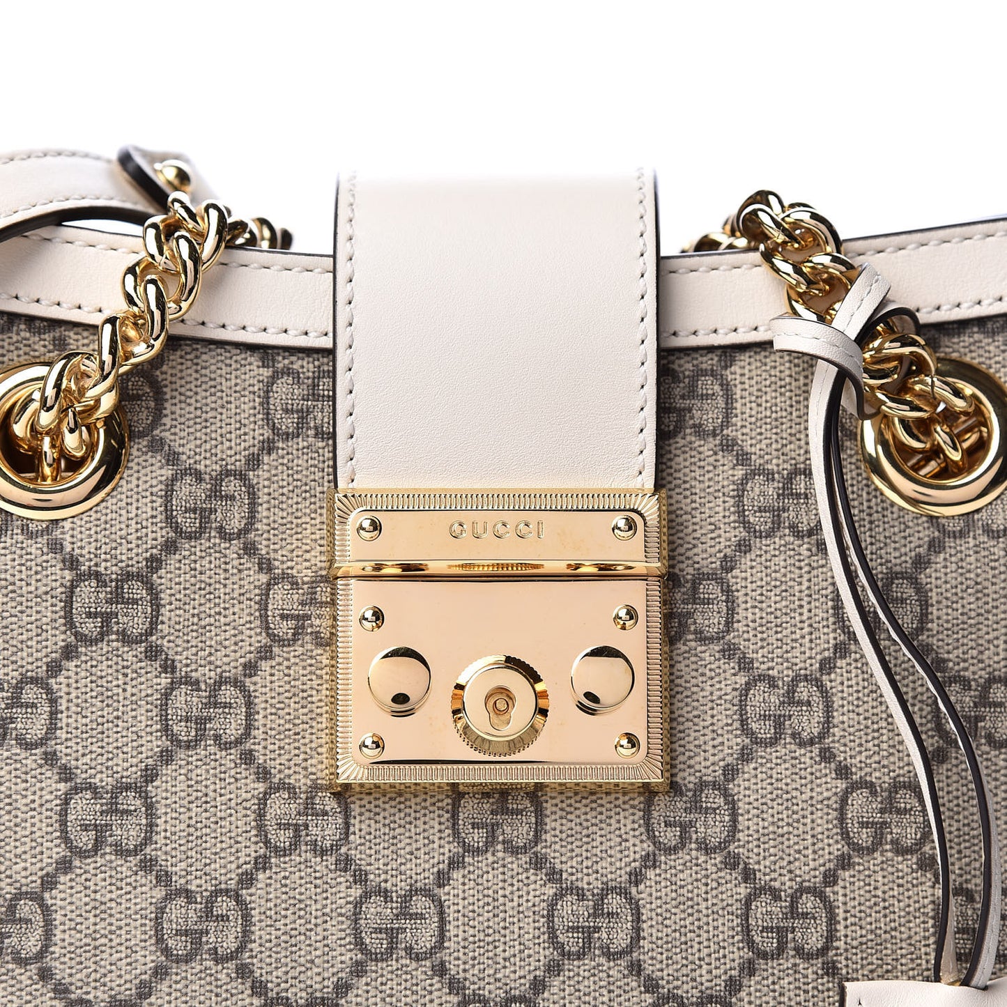 GG Supreme Monogram Moon Calfskin Small Padlock Tote Beige Ebony Mystic White