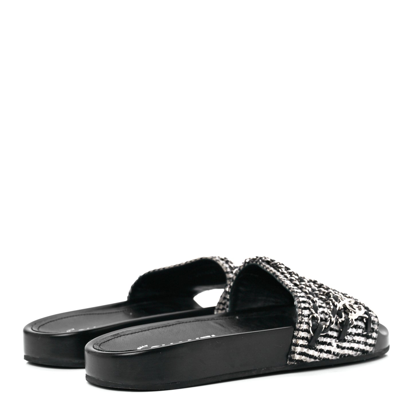 Tweed Lambskin Chain Flat Sandals 37 Black Multicolor