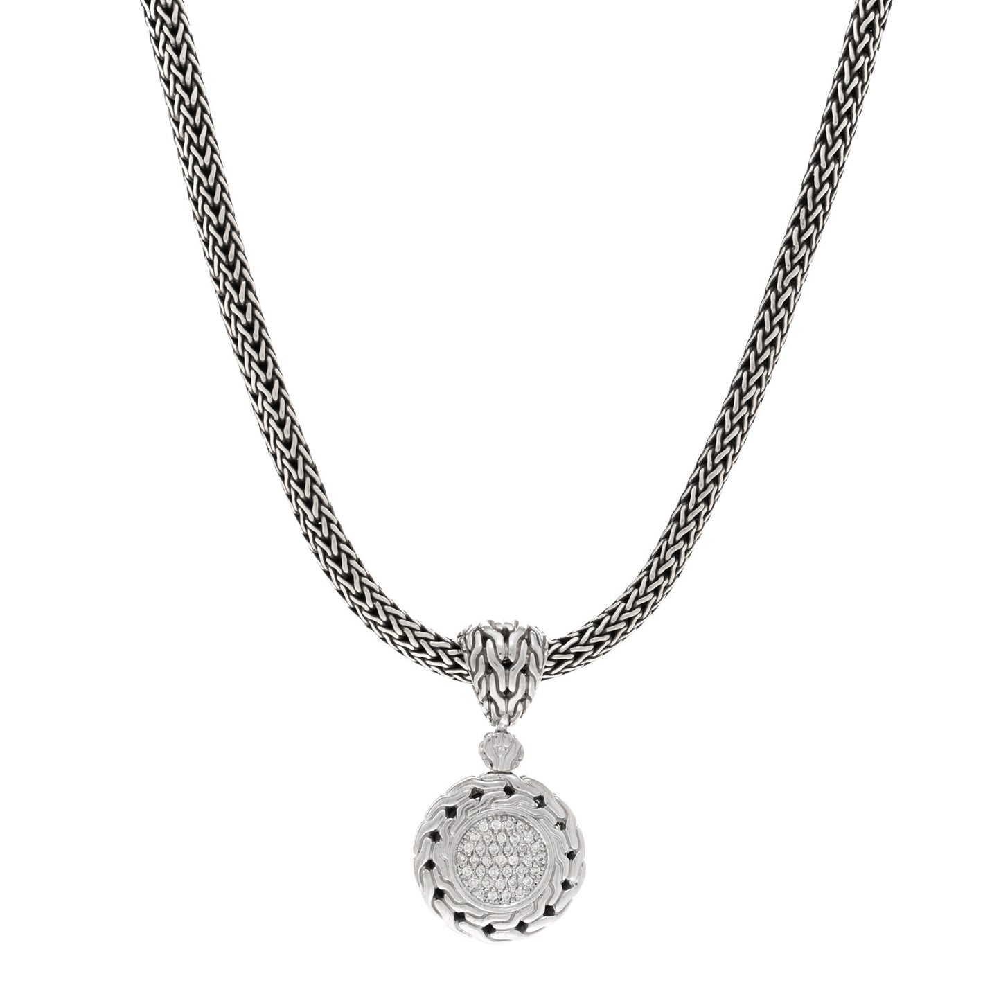 Sterling Silver Diamond Classic Chain Round Pendant Necklace