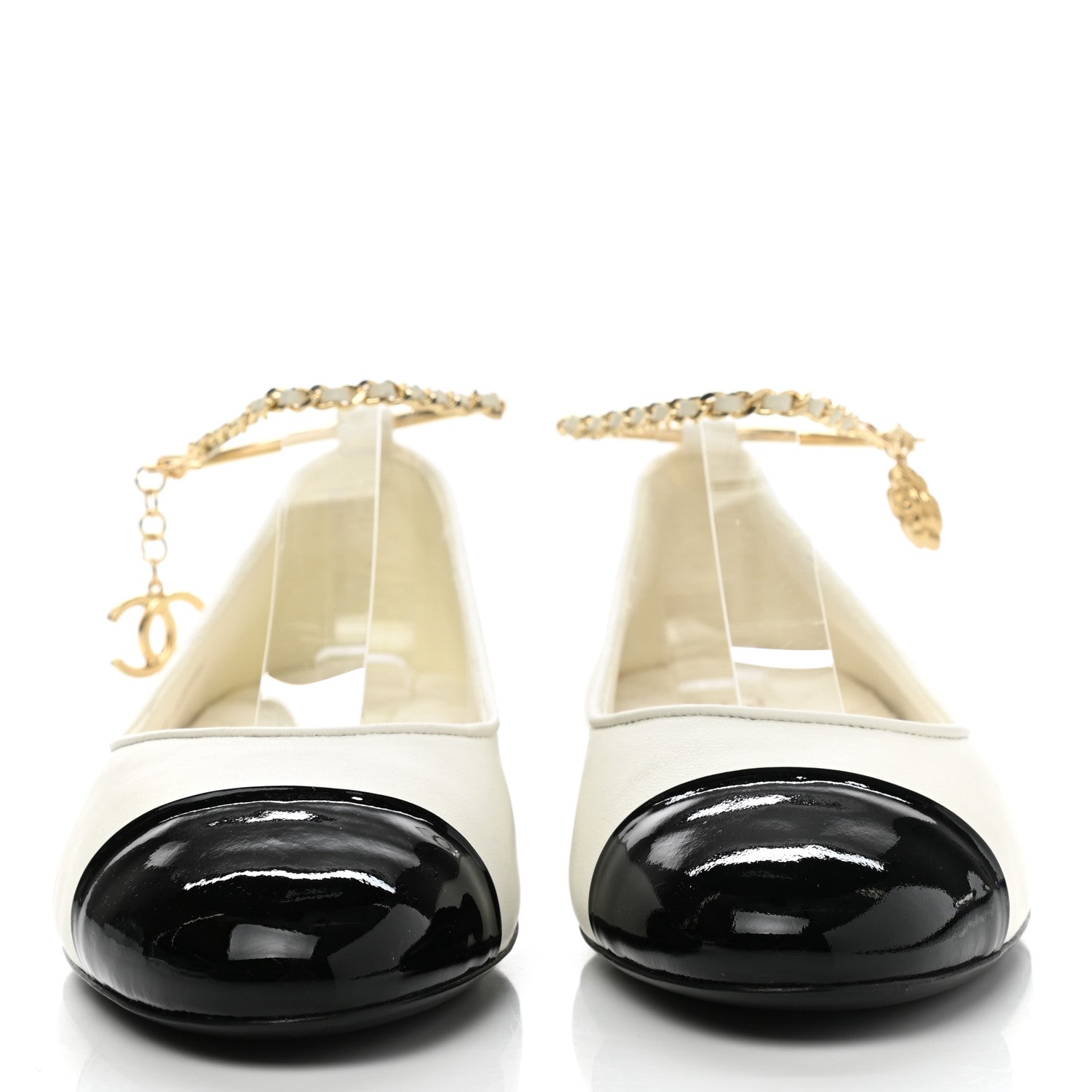 Chanel Lambskin Patent Calfskin Cap Toe Ankle Chain Ballerina Flats 38 White Black 2 of 8