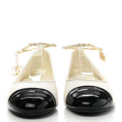 Chanel Lambskin Patent Calfskin Cap Toe Ankle Chain Ballerina Flats 38 White Black 2 of 8