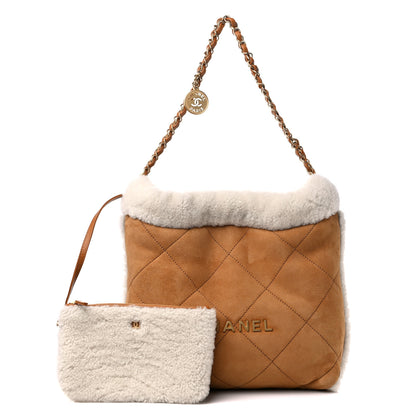 Chanel Suede Shearling Quilted Small Chanel 22 Brown White 1 of 10