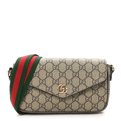 Gucci GG Supreme Monogram Textured Dollar Calfskin Web Mini Ophidia Envelope Shoulder Bag Beige Ebony New Acero 1 of 11