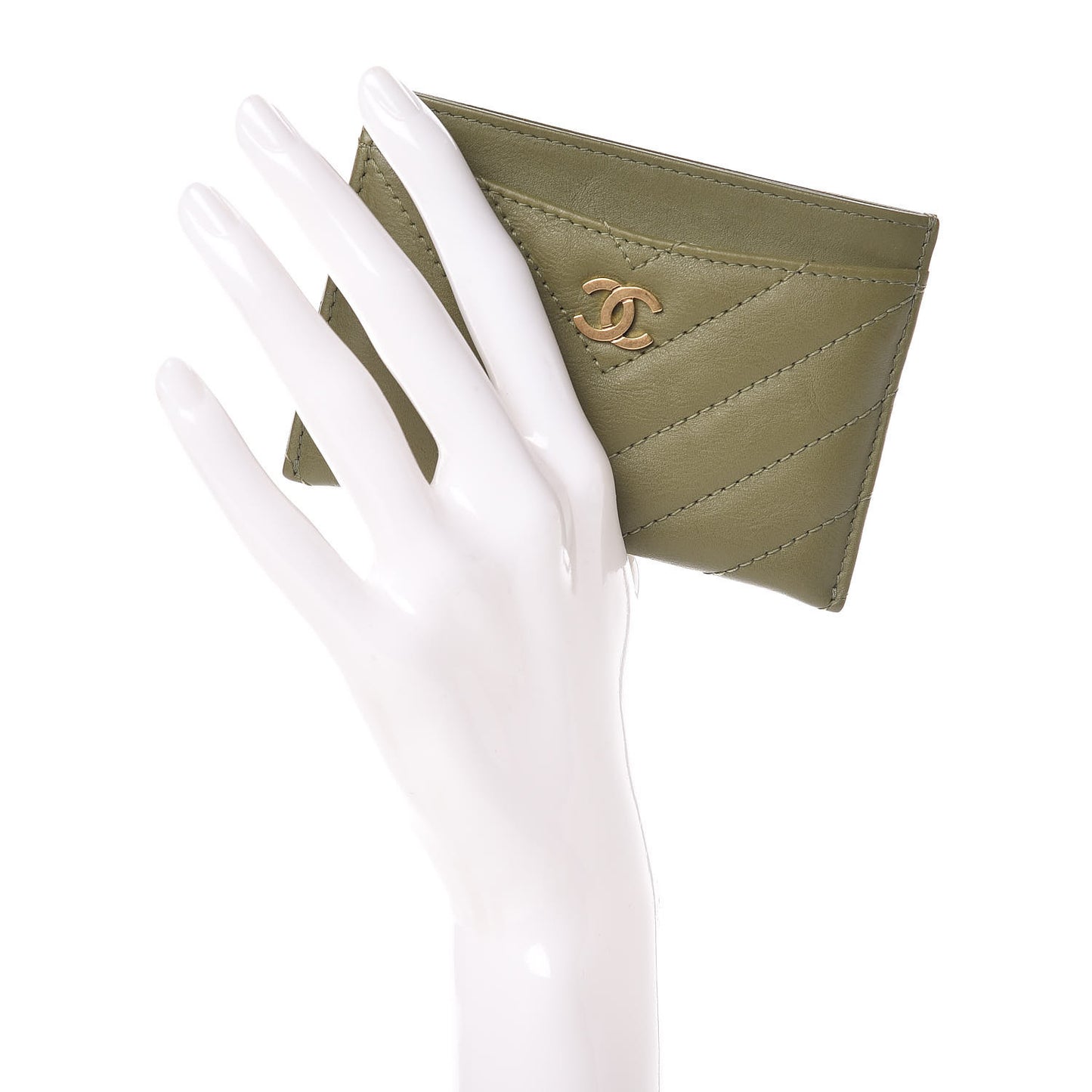 Calfskin Chevron Quilted Card Holder Khaki