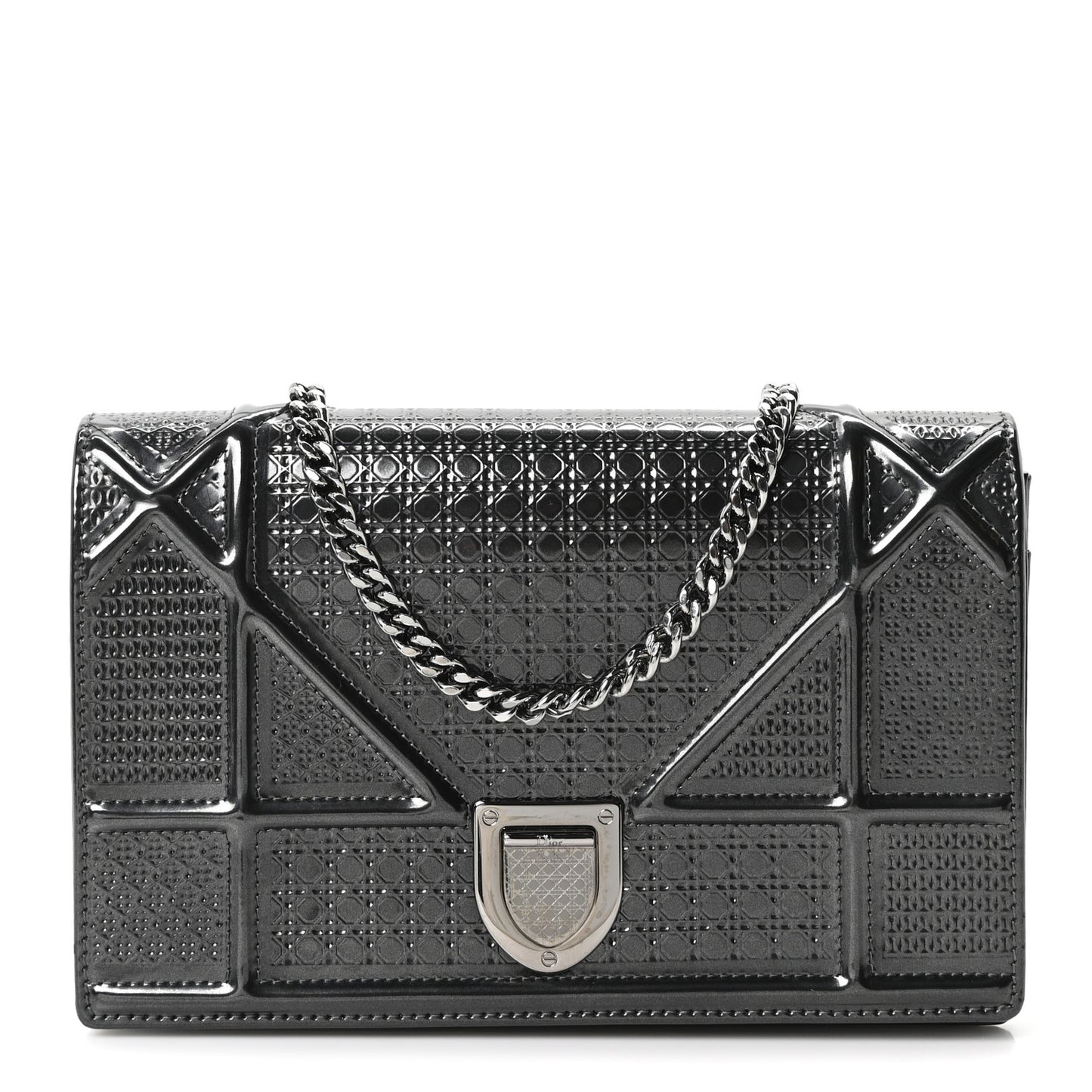 Metallic Patent Micro-Cannage Diorama Wallet on Chain Pouch Onyx Black