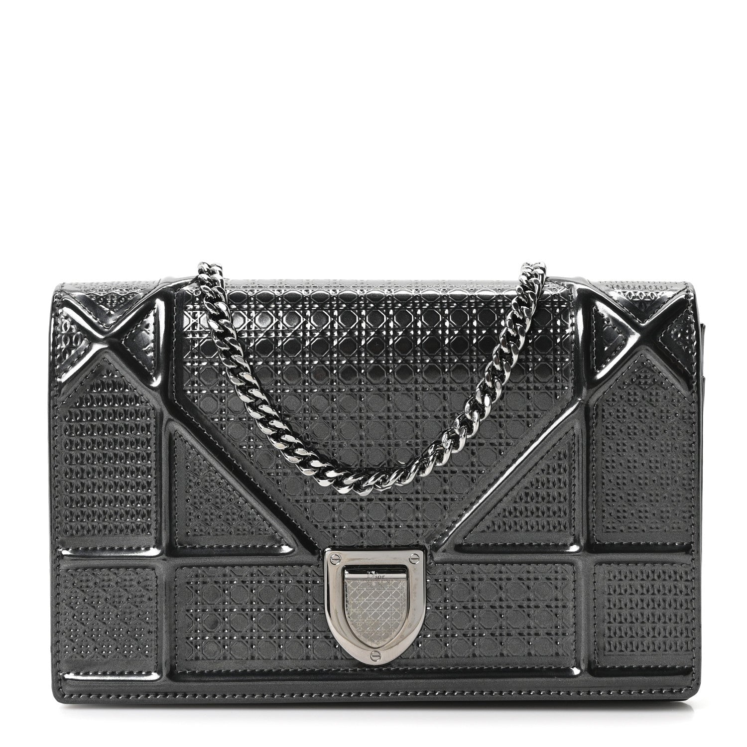 Christian Dior Metallic Patent Micro-Cannage Diorama Wallet on Chain Pouch Onyx Black 1 of 10
