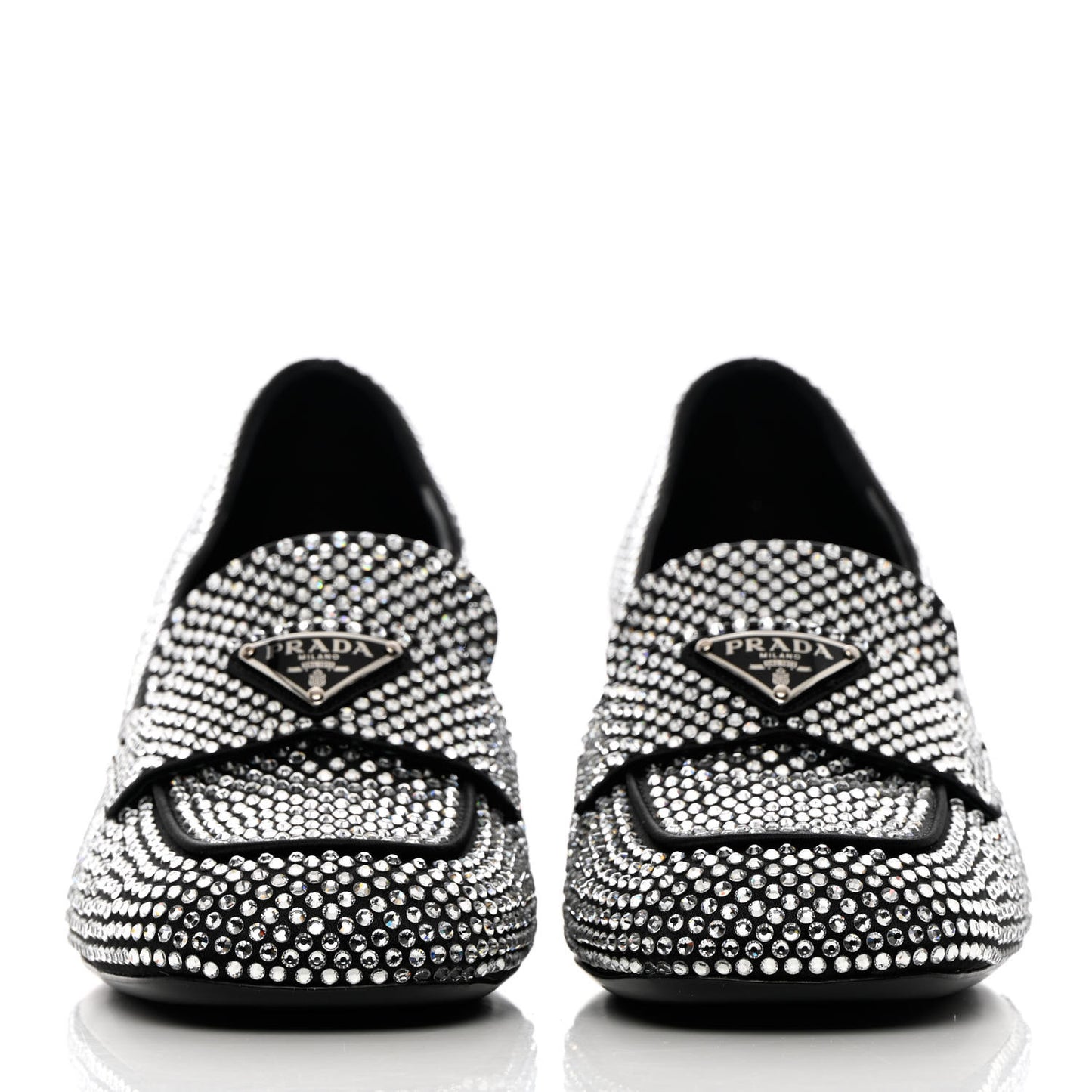 Satin Crystal Metal Triangle Logo 45mm Block Heel Loafers 37.5 Cristal