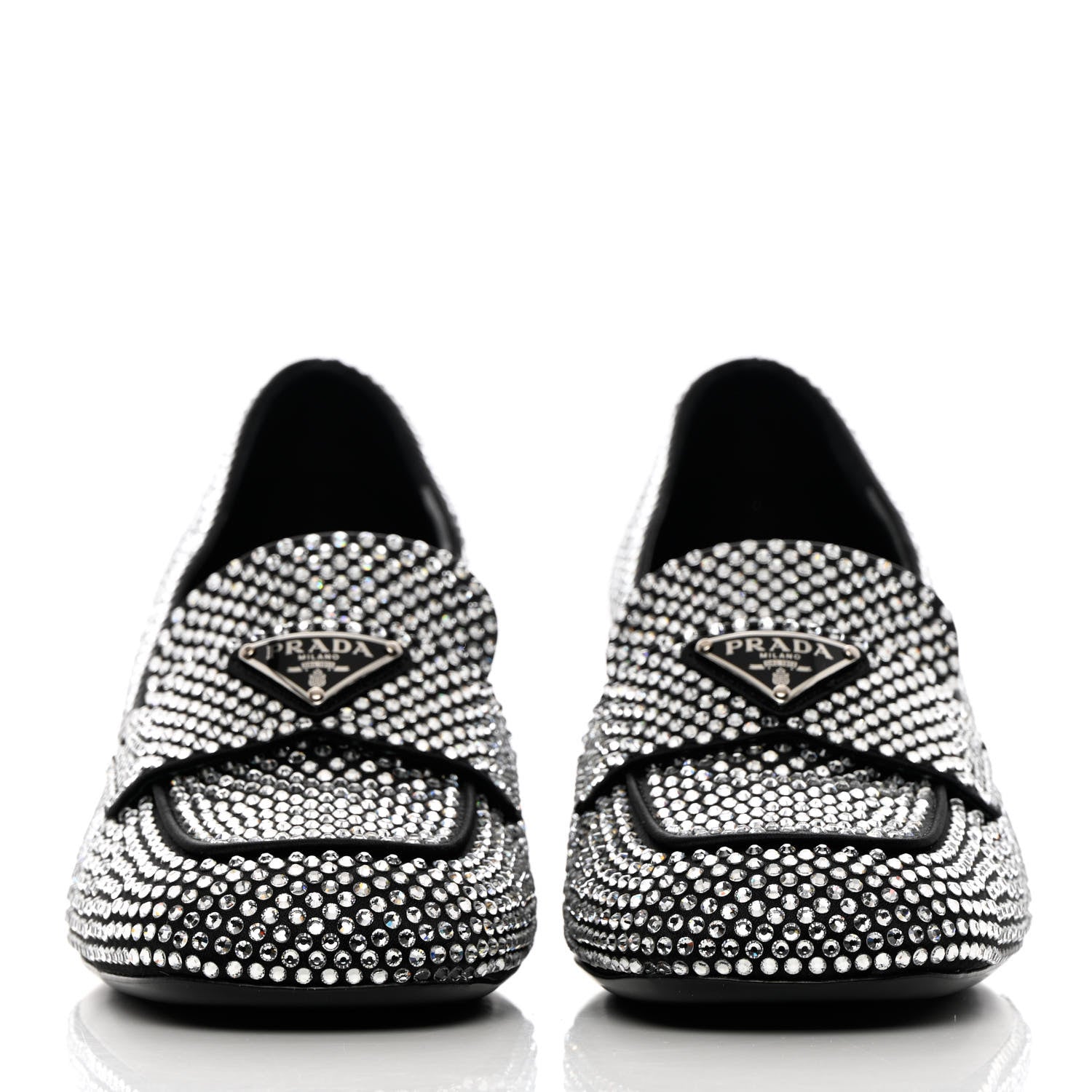 Prada Satin Crystal Metal Triangle Logo 45mm Block Heel Loafers 37.5 Cristal 2 of 10