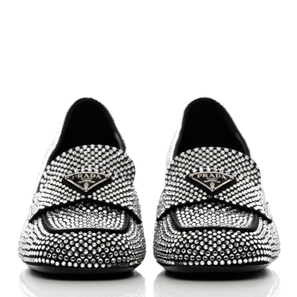 Prada Satin Crystal Metal Triangle Logo 45mm Block Heel Loafers 37.5 Cristal 2 of 10