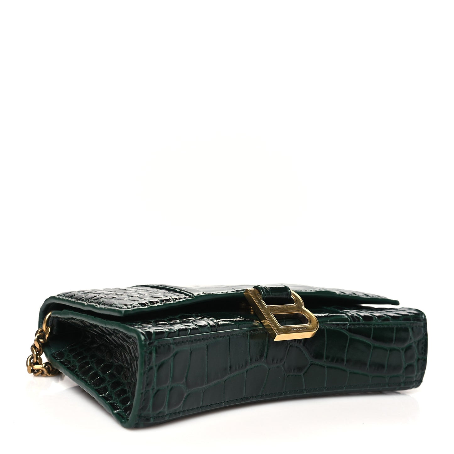 Shiny Calfskin Crocodile Embossed Hourglass Chain Bag Forest Green