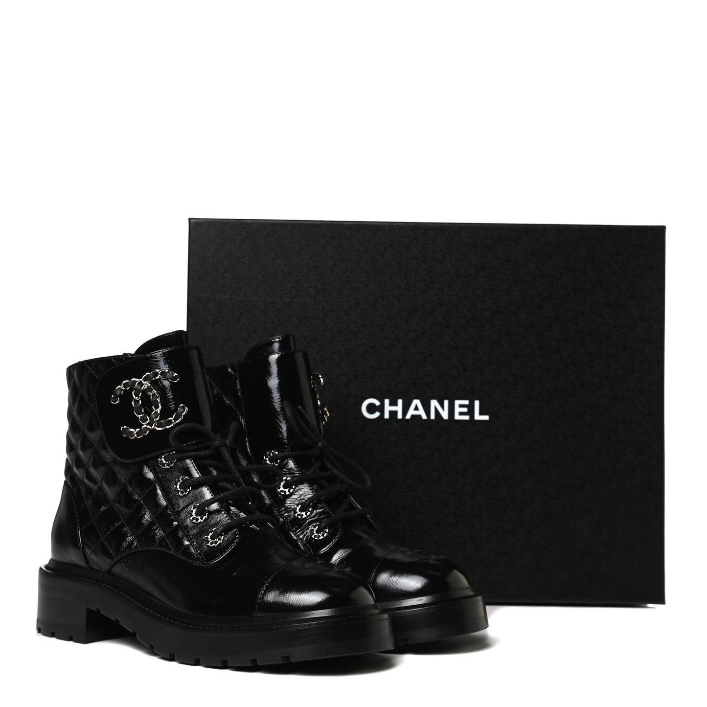 Shiny Calfskin Quilted Lace Up Combat Boots 38.5 Black