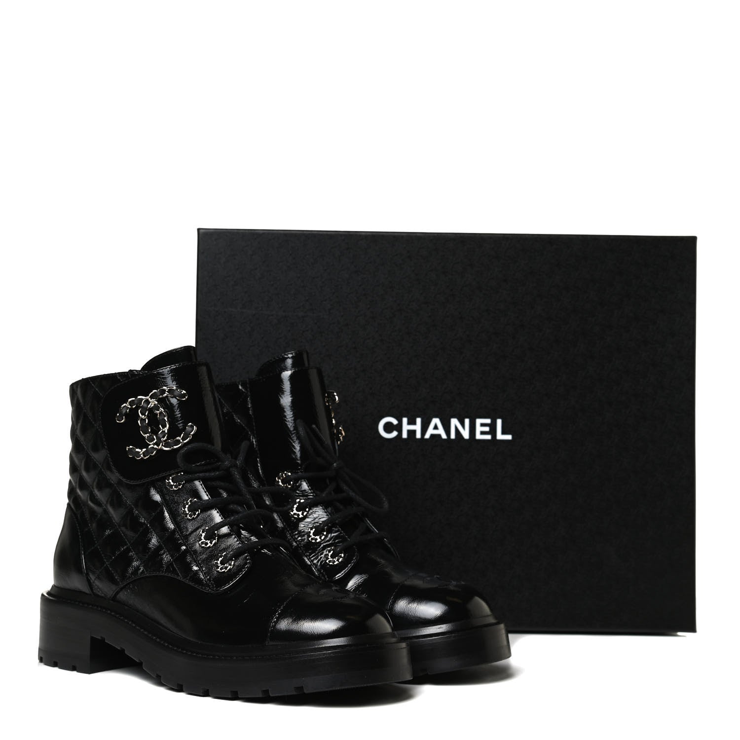 Chanel Shiny Calfskin Quilted Lace Up Combat Boots 38.5 Black 14 of 14