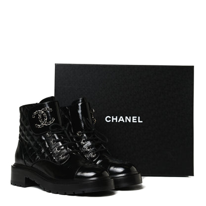 Chanel Shiny Calfskin Quilted Lace Up Combat Boots 38.5 Black 14 of 14