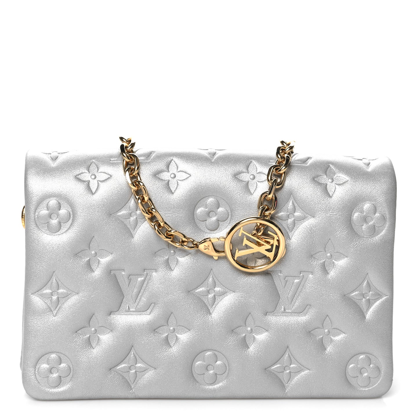 Metallic Lambskin Embossed Monogram Pochette Coussin Silver