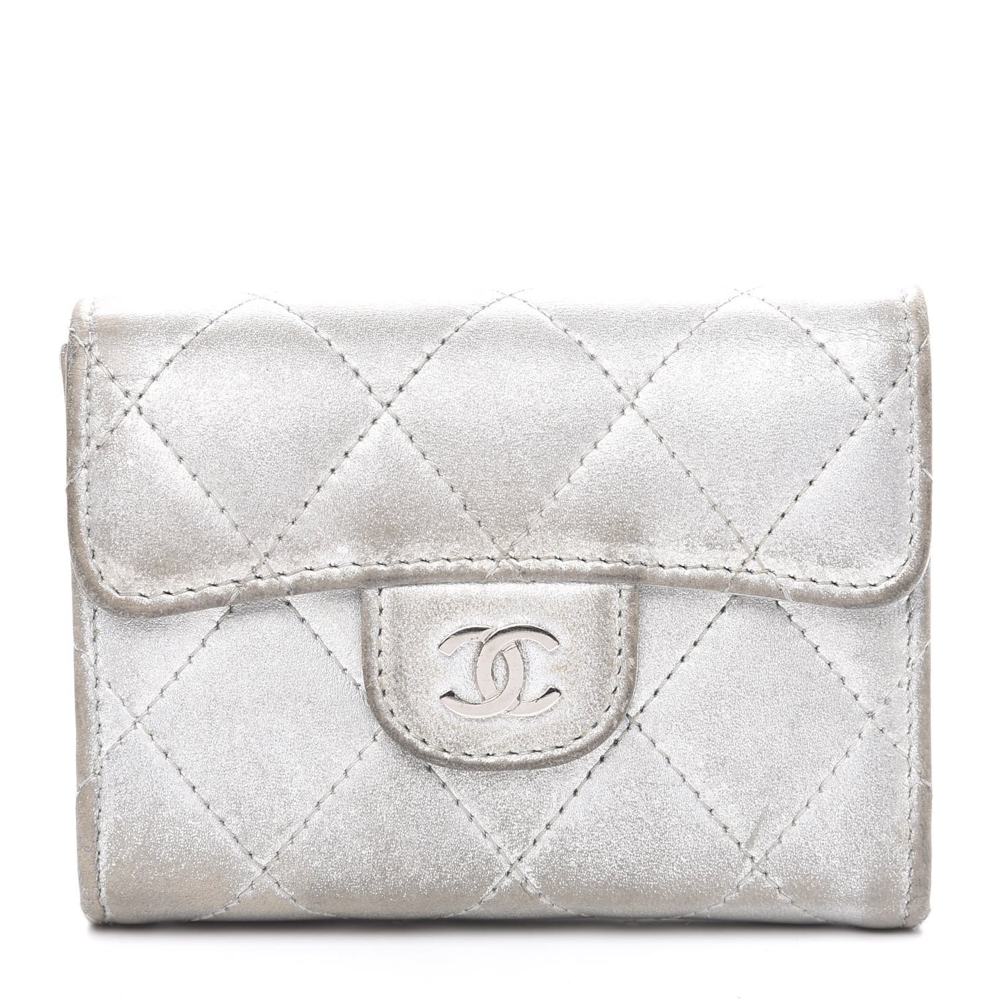 Metallic Lambskin Quilted Flap Card Holder Wallet Silver