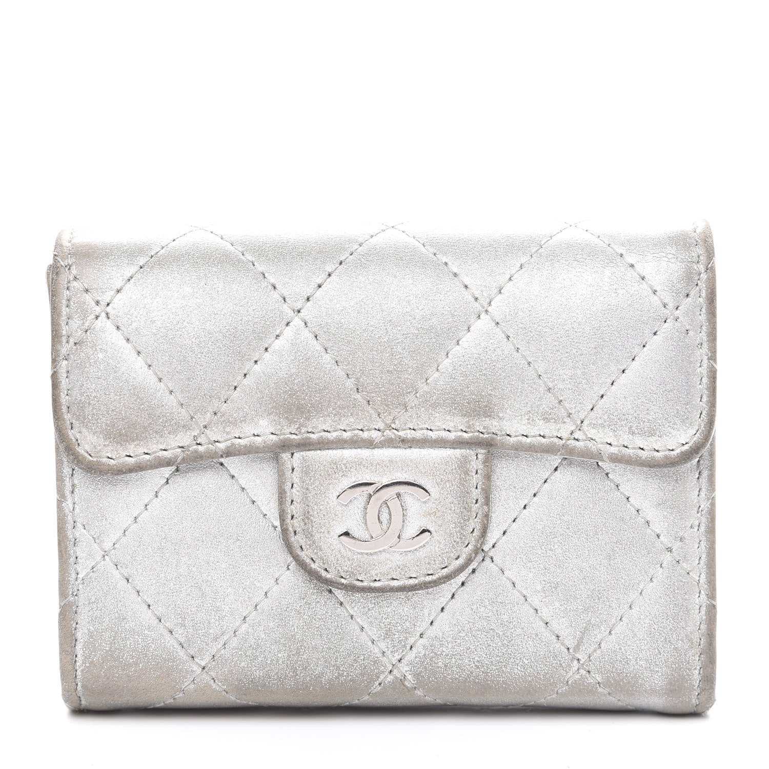Chanel Metallic Lambskin Quilted Flap Card Holder Wallet Silver 1 of 12