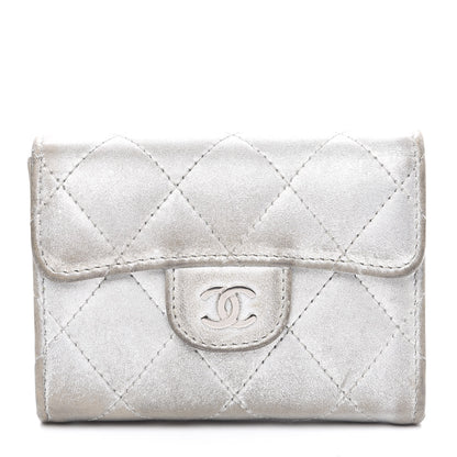 Chanel Metallic Lambskin Quilted Flap Card Holder Wallet Silver 1 of 12