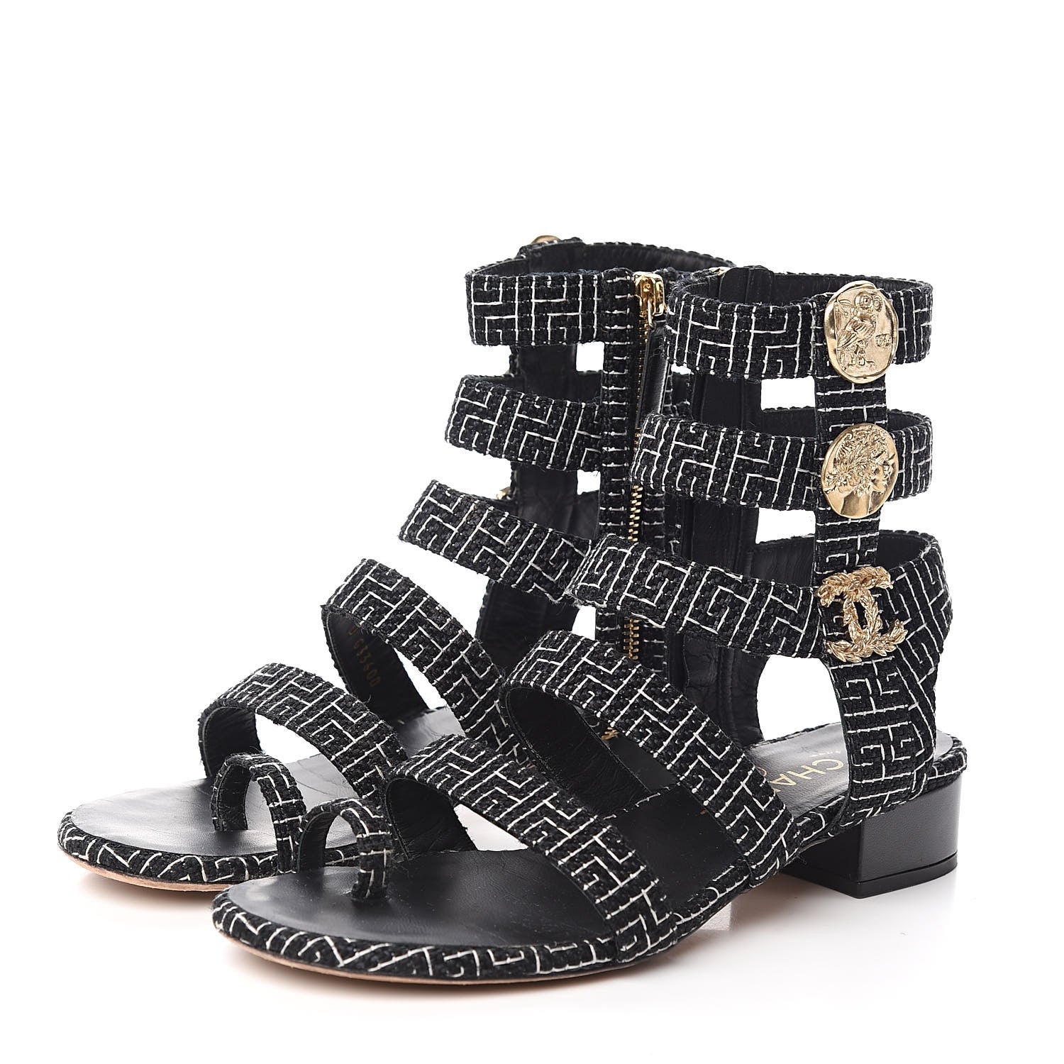 Chanel Tweed Medallion Gladiator Sandals 38.5 Black 3 of 11