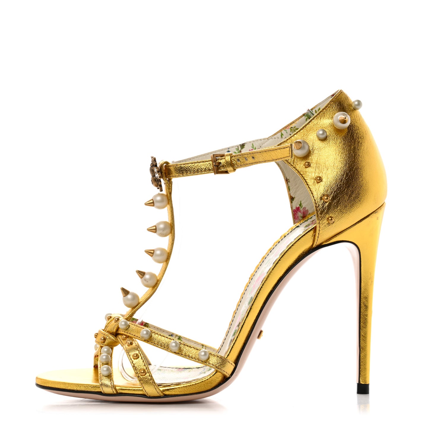 Metallic Nappa Silk Pearl Studded Regina T-Strap High Heel Sandals 37.5 Oro Vecchio