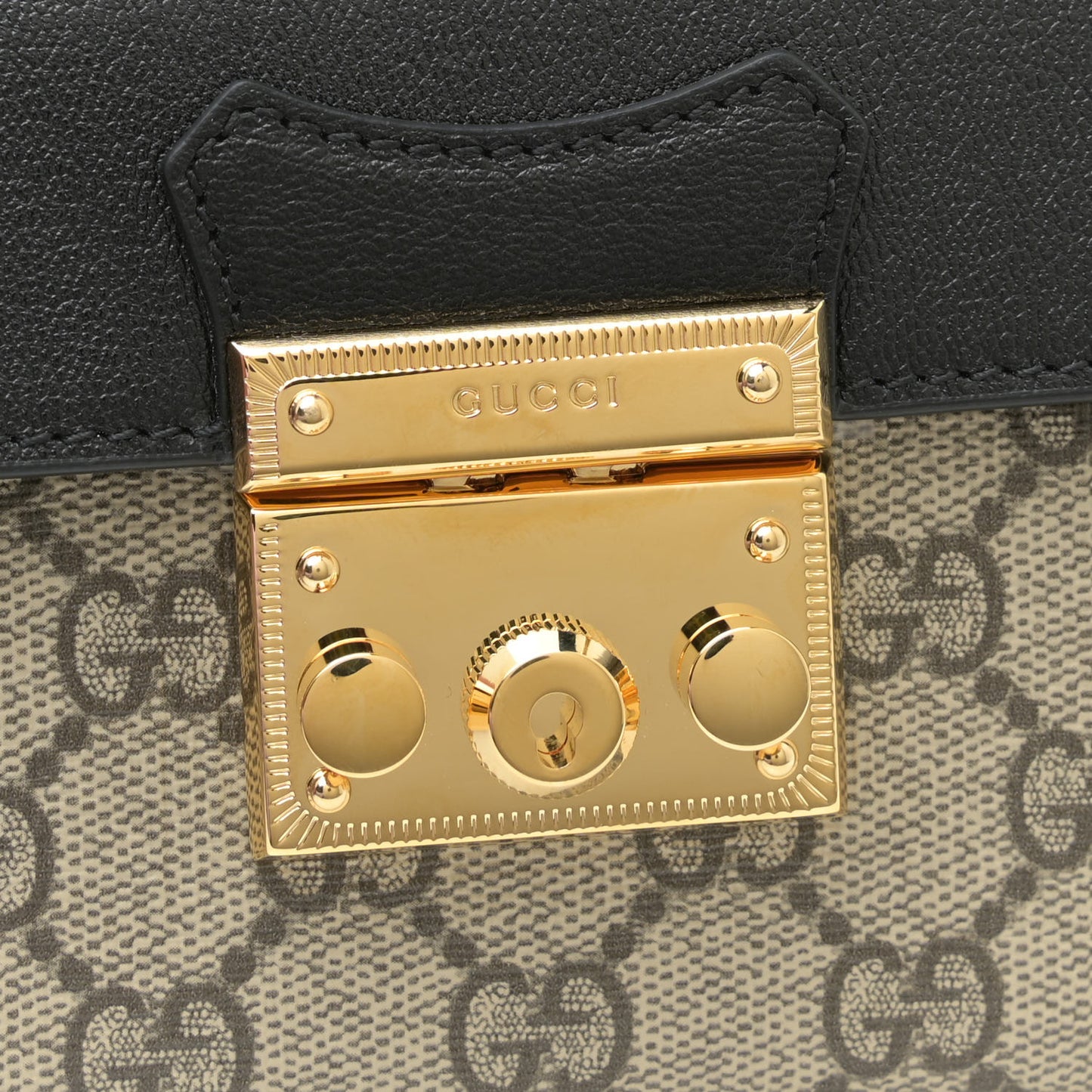GG Supreme Monogram Calfskin Mini Padlock Top Handle Shoulder Bag Beige Black Cuir