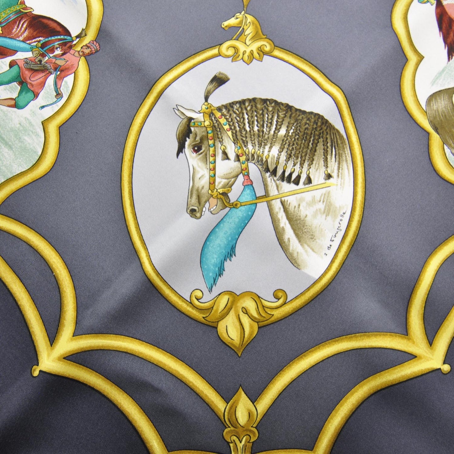 Silk Les Chevaux des Moghols Scarf 90 Navy