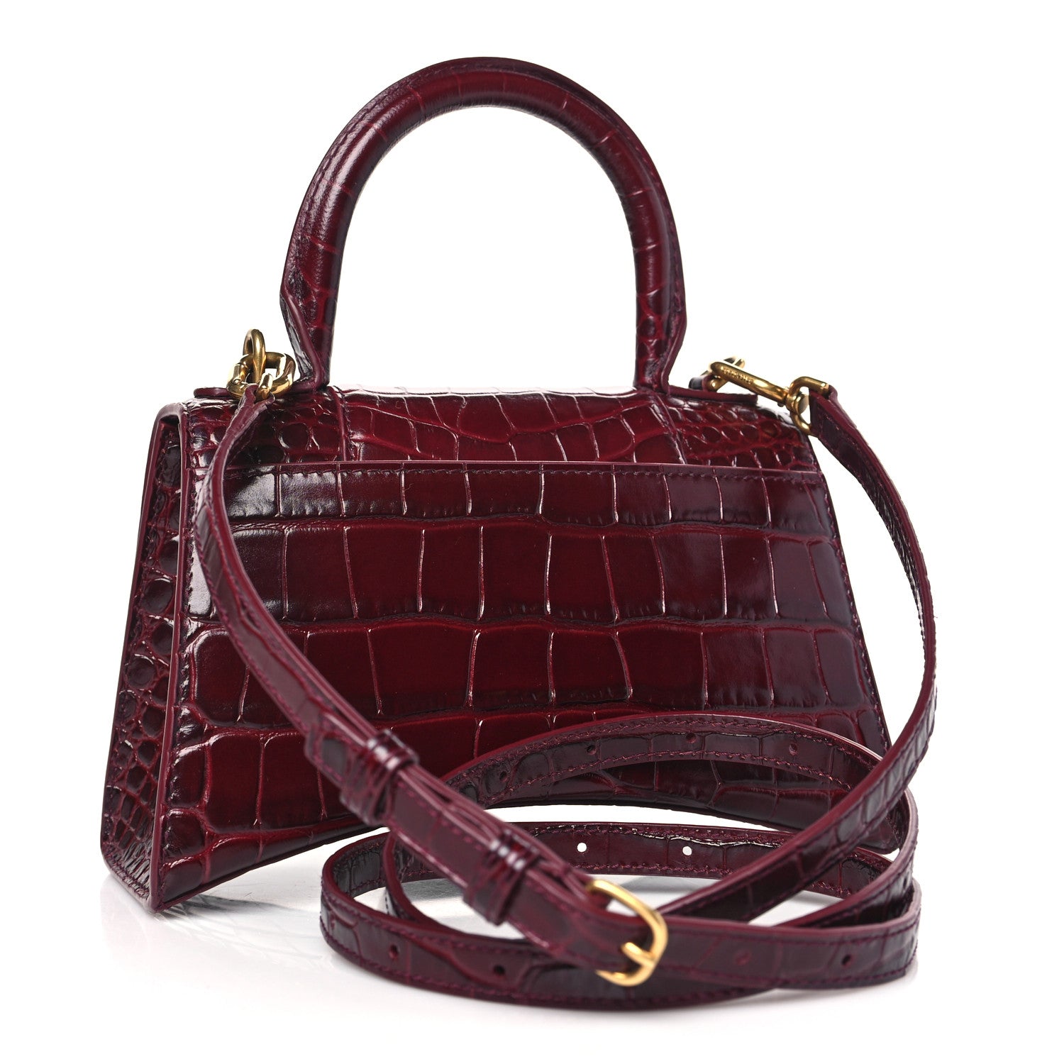 Balenciaga Shiny Calfskin Crocodile Embossed Hourglass Top Handle Bag XS Dark Red 3 of 8