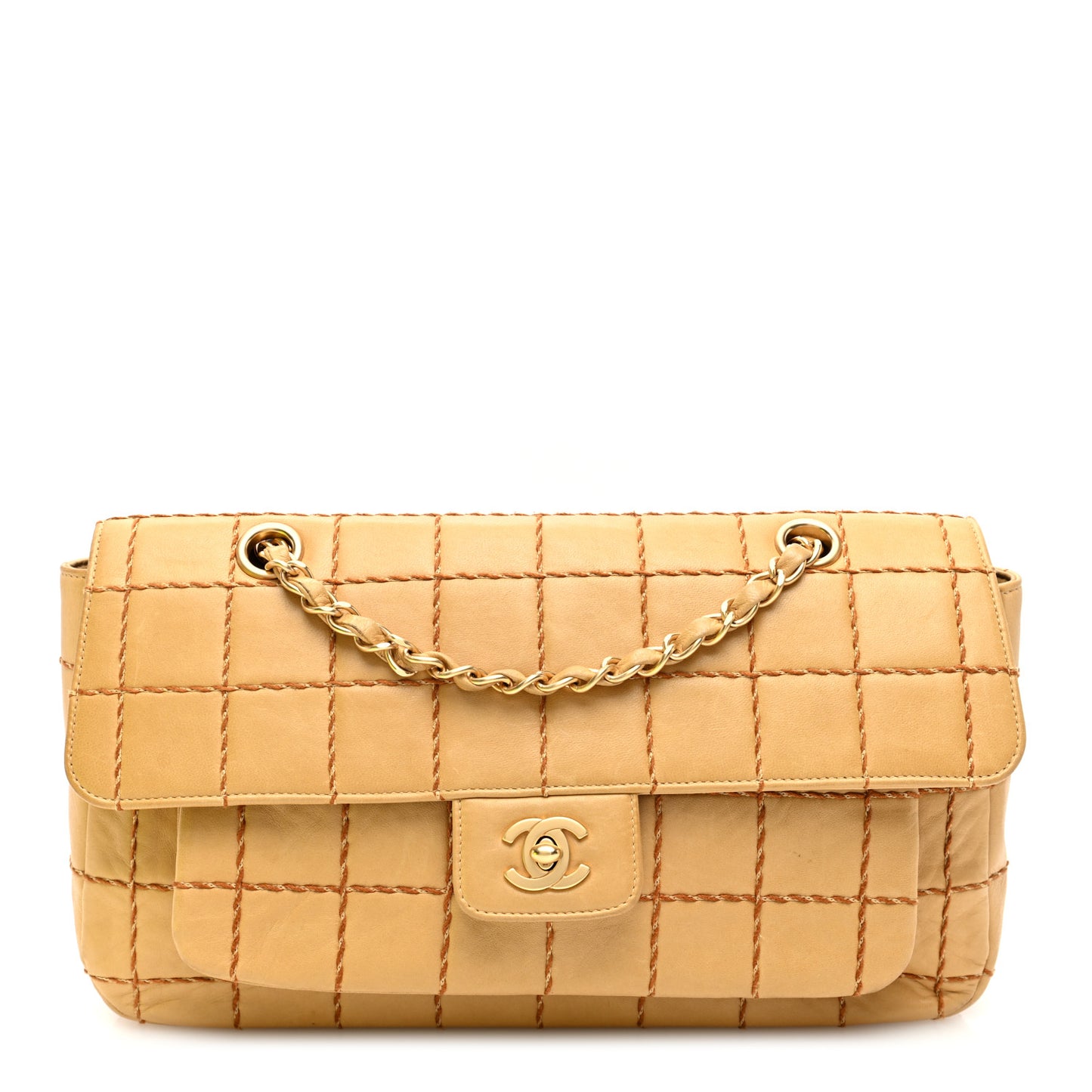 Lambskin Square Double Stitch Flap Beige