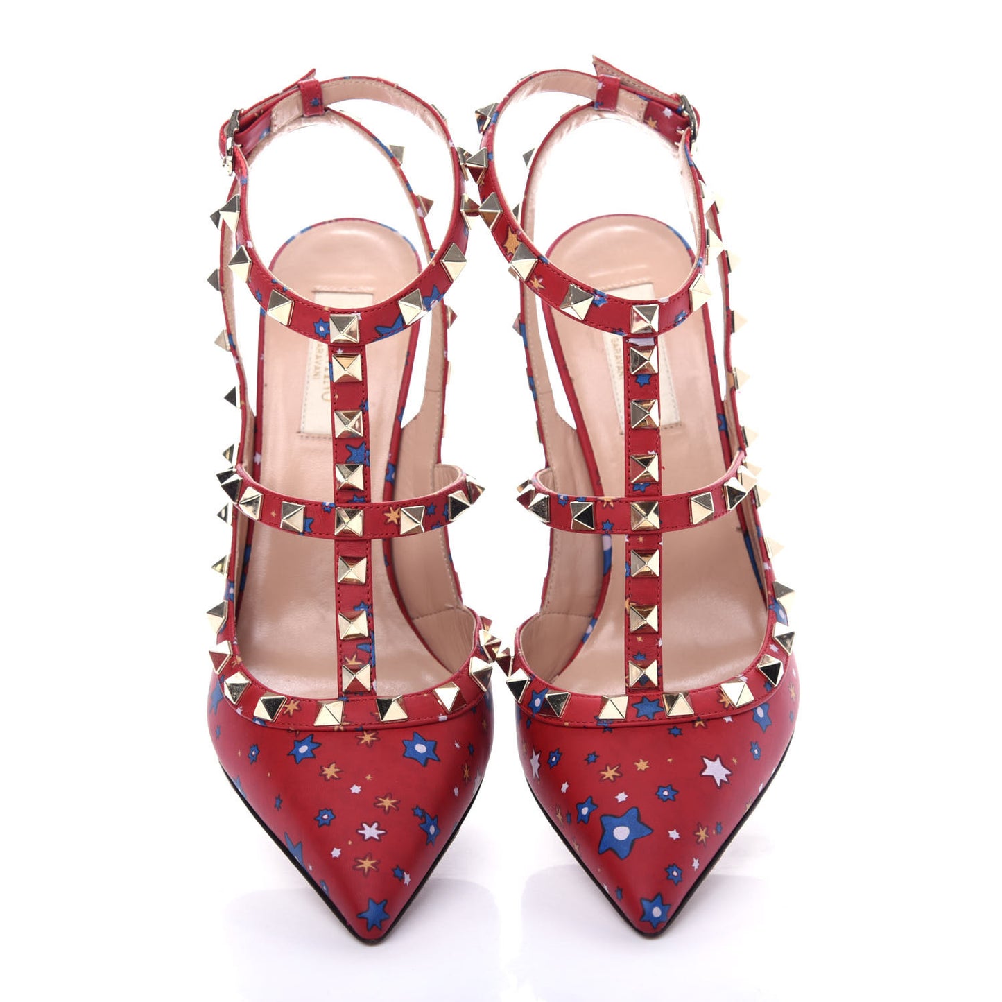 Calfskin Nappa Volcano Print Rockstud Ankle Strap 100mm Pumps 38.5 Rosso Valentino