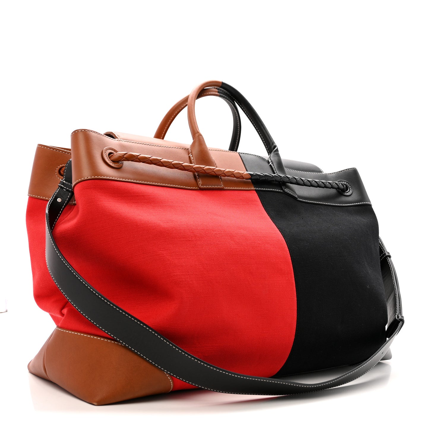 Canvas Calfskin Large Andiamo Voyager Shoulder Bag Black Scarlet Light Wood
