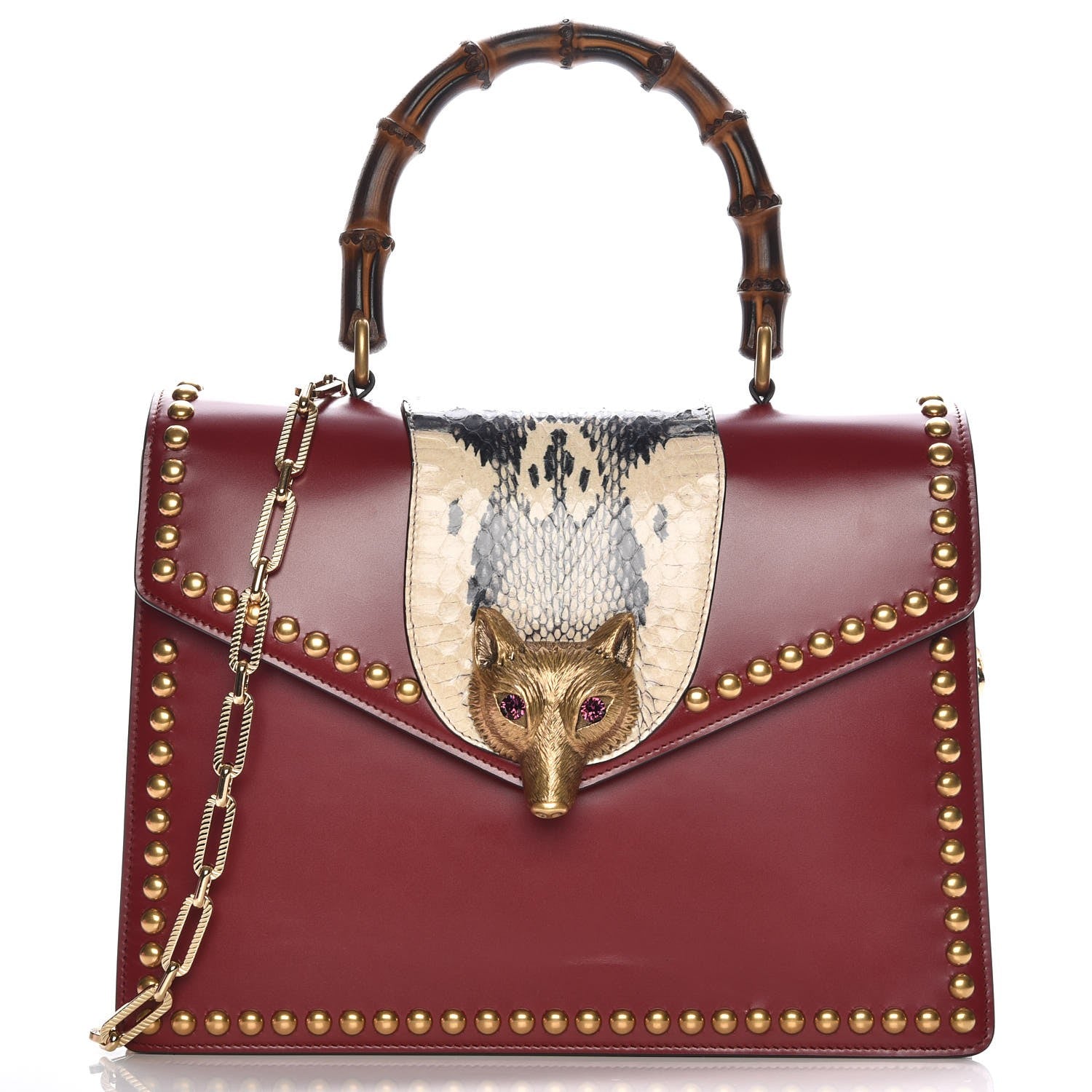 Gucci Glossy Calfskin Snakeskin Studded Fox Broche Bamboo Top Handle Bag Red 1 of 9
