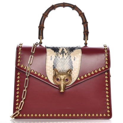Gucci Glossy Calfskin Snakeskin Studded Fox Broche Bamboo Top Handle Bag Red 1 of 9
